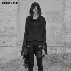 Punk Rave Store Dark Gothic Witch Hooded Sweater Asymmetrical Tassel Lace Fringed Knit Pullover Gothic Sweater & Hoodie