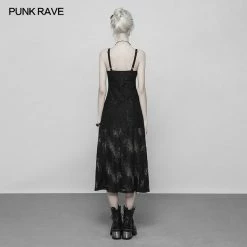 Punk Rave Store Gothic Dark Vintage Lace Strap Split Dress With Floral Design
