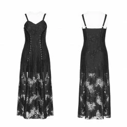 Punk Rave Store Gothic Dark Vintage Lace Strap Split Dress With Floral Design