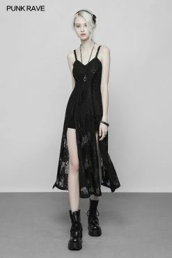 Punk Rave Store Gothic Dark Vintage Lace Strap Split Dress With Floral Design