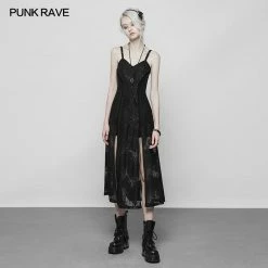 Punk Rave Store Gothic Dark Vintage Lace Strap Split Dress With Floral Design