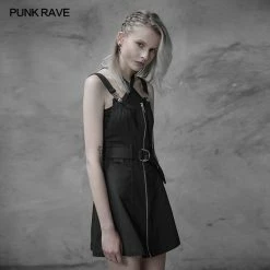 Punk Rave Store Personality Punk Metal A Pendulum Denim Dress With Adjustable Shoulder Straps