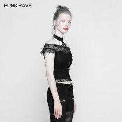 Punk Rave Store Soft Lace Imitate Silk Wrinkled Stitching Off Shoulder Tops Gothic T-shirt For Women