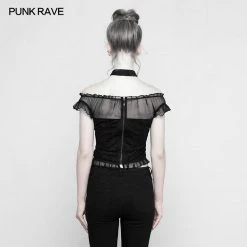 Punk Rave Store Soft Lace Imitate Silk Wrinkled Stitching Off Shoulder Tops Gothic T-shirt For Women