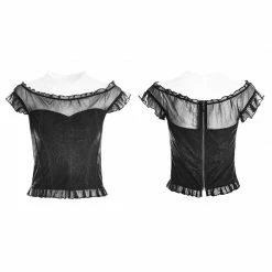 Punk Rave Store Soft Lace Imitate Silk Wrinkled Stitching Off Shoulder Tops Gothic T-shirt For Women