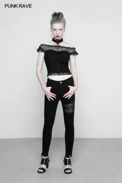 Punk Rave Store Soft Lace Imitate Silk Wrinkled Stitching Off Shoulder Tops Gothic T-shirt For Women