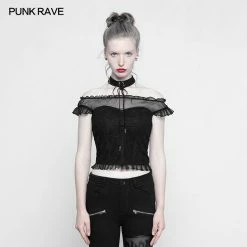 Punk Rave Store Soft Lace Imitate Silk Wrinkled Stitching Off Shoulder Tops Gothic T-shirt For Women