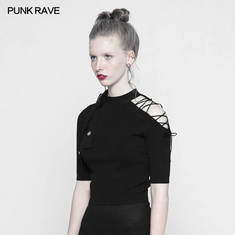 Punk Rave Store Punk Strapless Imitate Ice Silk T-shirt 4 Punk Rave Store Punk Strapless Imitate Ice Silk T-shirt