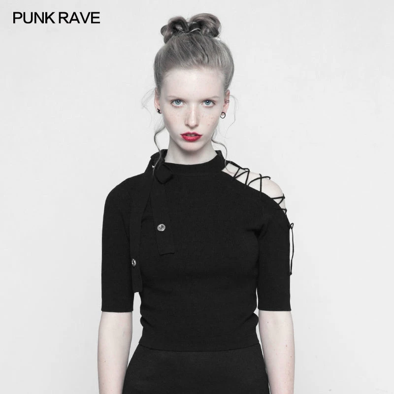 Punk Rave Store Punk Strapless Imitate Ice Silk T-shirt 3 Punk Rave Store Punk Strapless Imitate Ice Silk T-shirt