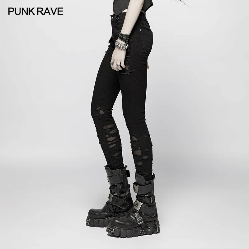 Punk Rave Store Punk Elastic Stitching Trousers With Broken Hole 4 Punk Rave Store Punk Elastic Stitching Trousers With Broken Hole