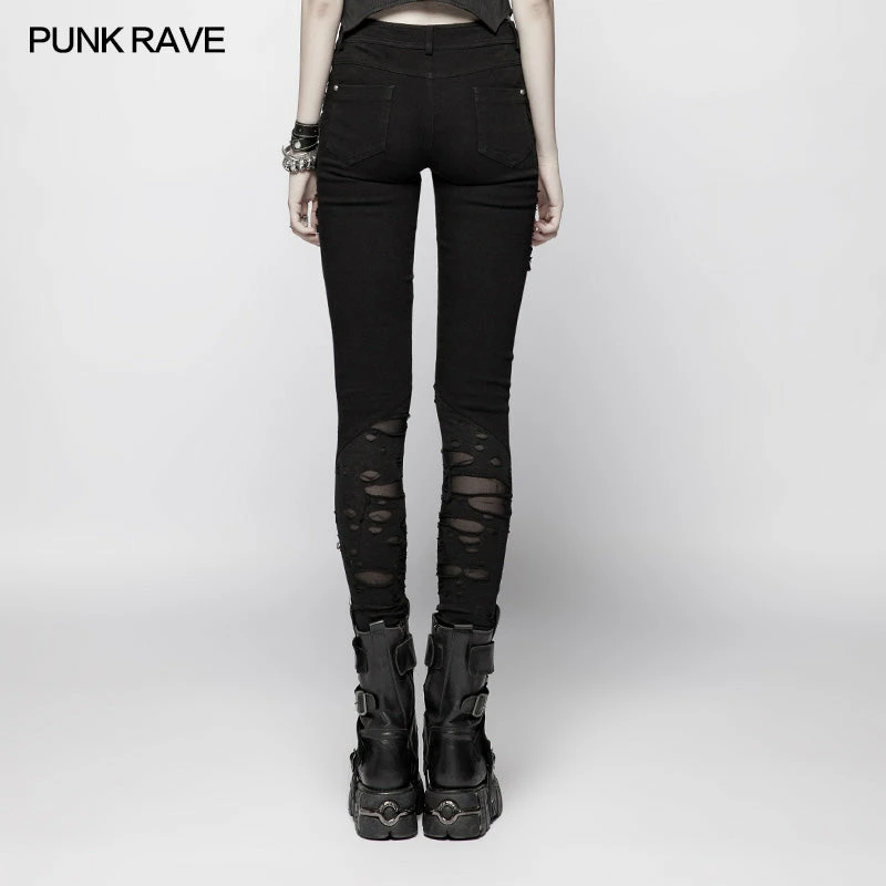 Punk Rave Store Punk Elastic Stitching Trousers With Broken Hole 5 Punk Rave Store Punk Elastic Stitching Trousers With Broken Hole