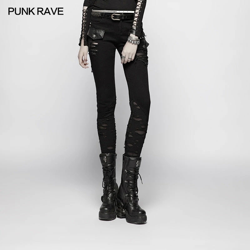 Punk Rave Store Punk Elastic Stitching Trousers With Broken Hole 3 Punk Rave Store Punk Elastic Stitching Trousers With Broken Hole