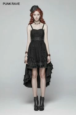 Punk Rave Store Steampunk Pleated Two-Layer Ruffled Hem High-Low Dress