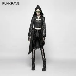Punk Rave Store Punk Womens Asymmetric Hem Hooded Jacket Punk Leather Jacket