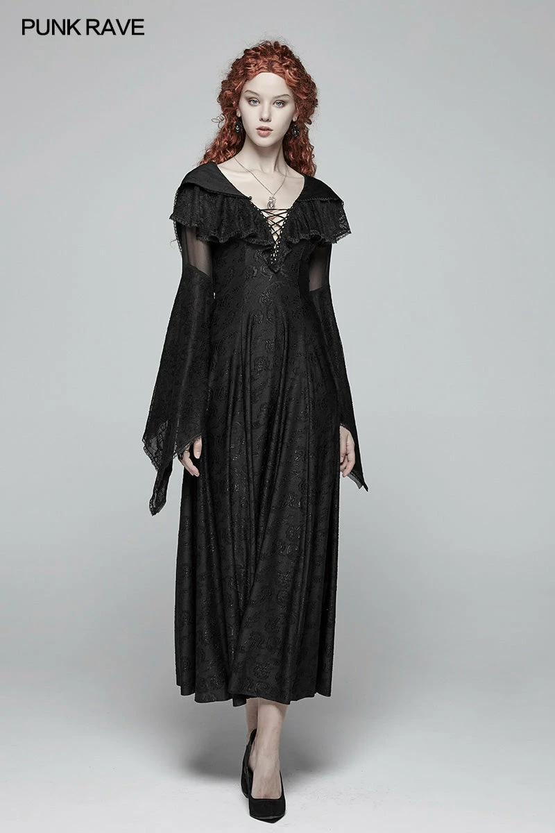 Punk Rave Store Sexy Goth Lace-up V Neck Long Sleeves Long Dress 8 Punk Rave Store Sexy Goth Lace-up V Neck Long Sleeves Long Dress