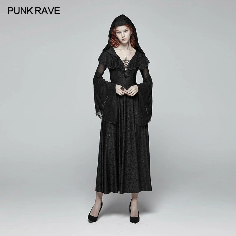 Punk Rave Store Sexy Goth Lace-up V Neck Long Sleeves Long Dress 3 Punk Rave Store Sexy Goth Lace-up V Neck Long Sleeves Long Dress