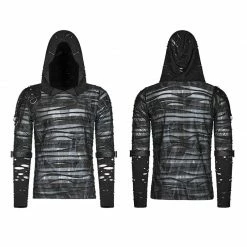 Punk Rave Store Men Punk Dark Printing Long Sleeves Hooded T-shirt Punk Mens T Shirts