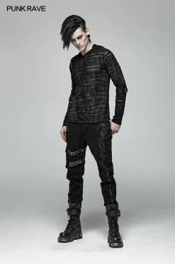 Punk Rave Store Men Punk Dark Printing Long Sleeves Hooded T-shirt Punk Mens T Shirts