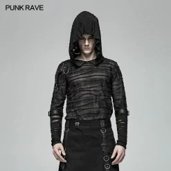 Punk Rave Store Men Punk Dark Printing Long Sleeves Hooded T-shirt Punk Mens T Shirts