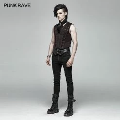 Punk Rave Store Goth Black And Red V-neck Zipper Vest With Cross Decoration Gothic