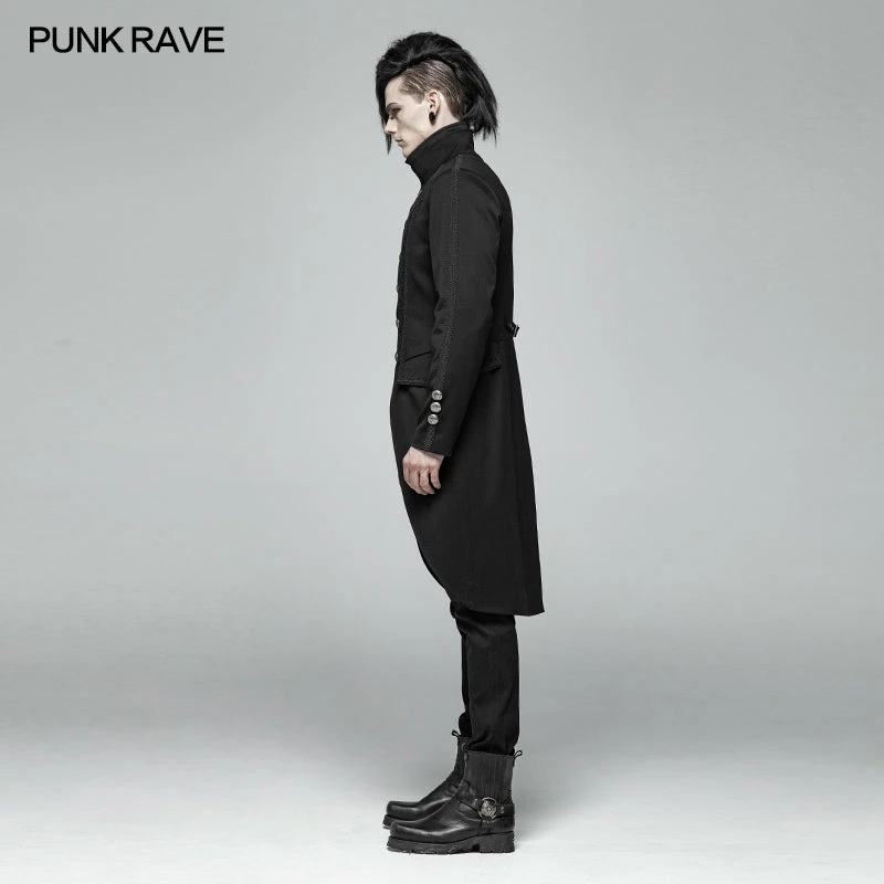 Punk Rave Store Men Gothic Standing Collar Mid-length Coat 4 Punk Rave Store Men Gothic Standing Collar Mid-length Coat