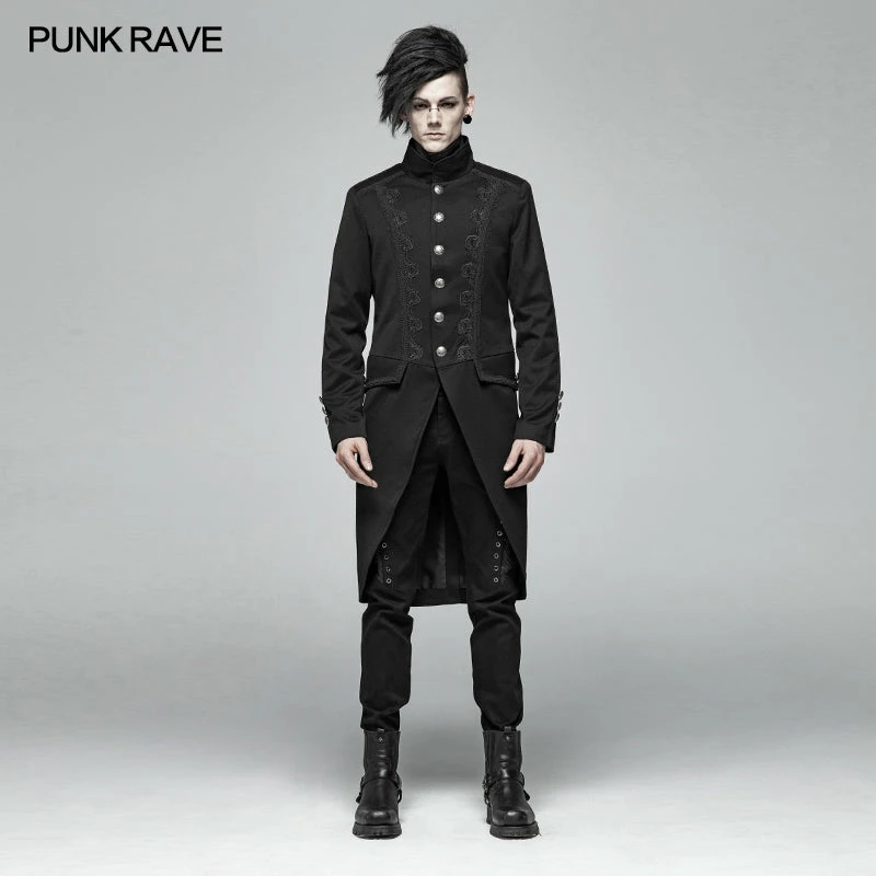 Punk Rave Store Men Gothic Standing Collar Mid-length Coat 3 Punk Rave Store Men Gothic Standing Collar Mid-length Coat