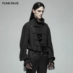 Punk Rave Store Men Gothic Partial Placket Lotus Leaf Loose Shirt With Standing Collar