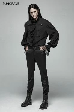 Punk Rave Store Men Gothic Partial Placket Lotus Leaf Loose Shirt With Standing Collar