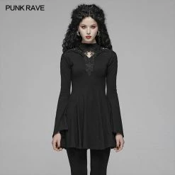 Punk Rave Store Gothic Women Hollow-out Collar Long Sleeve High Neck A-line Short Dress