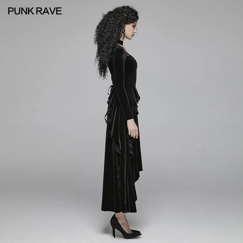 Punk Rave Store Gothic Daily Women Long Sleeve Velvet High-low Long Dress With Lace 4 Punk Rave Store Gothic Daily Women Long Sleeve Velvet High-low Long Dress With Lace