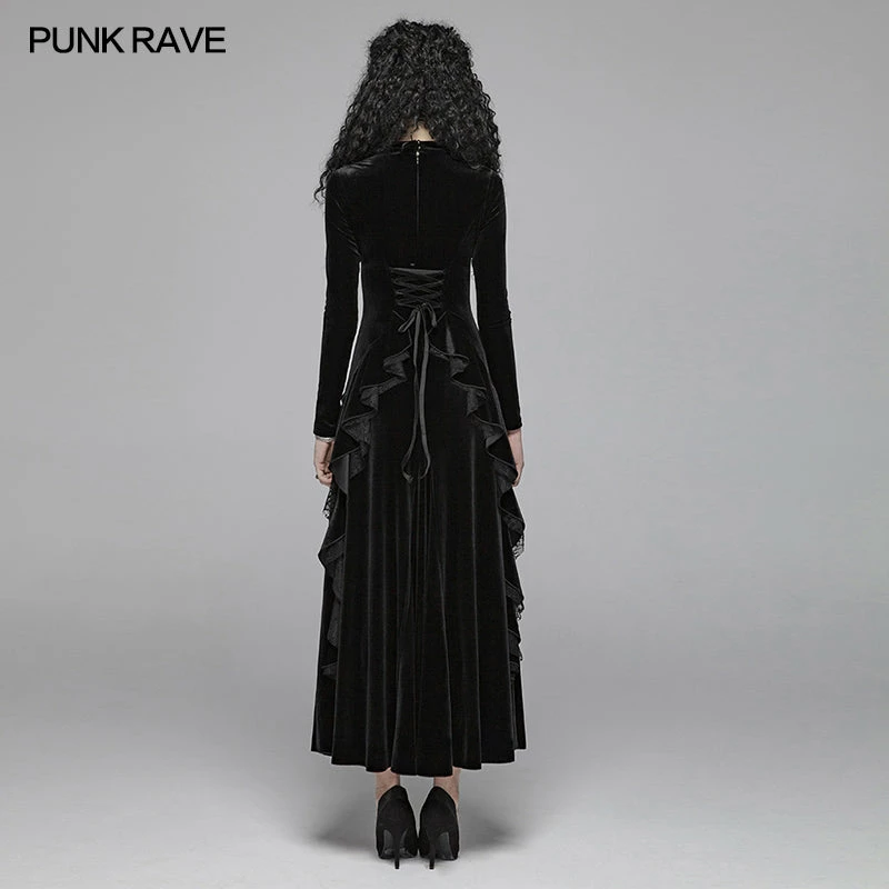 Punk Rave Store Gothic Daily Women Long Sleeve Velvet High-low Long Dress With Lace 5 Punk Rave Store Gothic Daily Women Long Sleeve Velvet High-low Long Dress With Lace