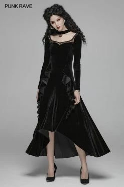 Punk Rave Store Gothic Daily Women Long Sleeve Velvet High-low Long Dress With Lace 13 Punk Rave Store Gothic Daily Women Long Sleeve Velvet High-low Long Dress With Lace