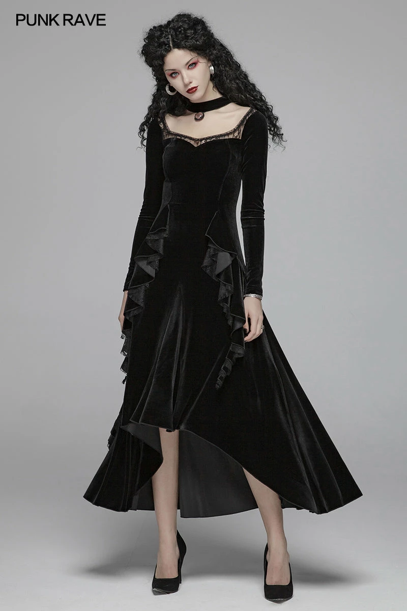 Punk Rave Store Gothic Daily Women Long Sleeve Velvet High-low Long Dress With Lace 8 Punk Rave Store Gothic Daily Women Long Sleeve Velvet High-low Long Dress With Lace