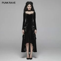 Punk Rave Store Gothic Daily Women Long Sleeve Velvet High-low Long Dress With Lace