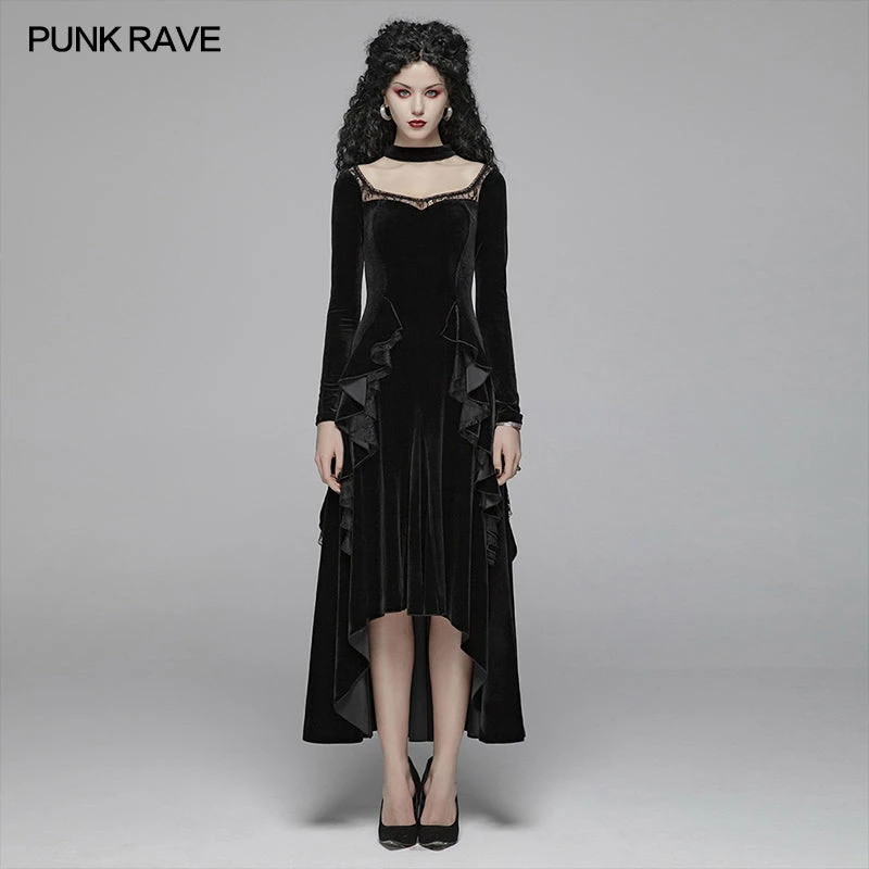 Punk Rave Store Gothic Daily Women Long Sleeve Velvet High-low Long Dress With Lace 3 Punk Rave Store Gothic Daily Women Long Sleeve Velvet High-low Long Dress With Lace