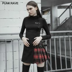 Punkravestore Women Colored Checked Folded Half Skirt With Button Loop