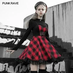 Punkravestore Stitched Plaid Braces Skirt