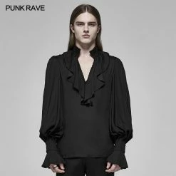Punkravestore Gothic Vampire Rococo V-neck Shirt With Pleated Bubble Sleeves