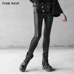 Punkravestore Gothic Military Uniform Buckle Skinny PU Leather Pants (with Belt)