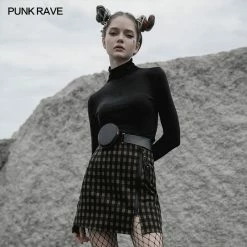 Punkravestore Women Pure Dark Series High-neck Tight T-shirt