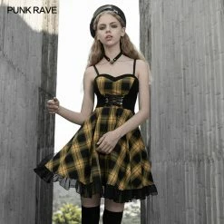 Punkravestore Stitched Plaid Braces Skirt