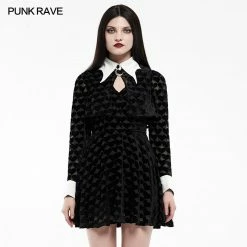 Punkravestore Gothic Dark Peach Heart Shadow Flower Bat White Collar Little Black Dress