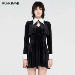 Punkravestore 2020 Dark Bat White Collar Little Black Gothic Dress