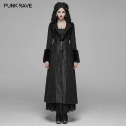 Punk Rave Store Gothic Women Gorgeous V-neck Long Coat With Detachable Imitation Wool Cuffs