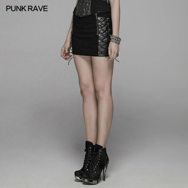 Punk Rave Store Punk Metal Mini Half Skirt With Two Sides Lace-up Design 4 Punk Rave Store Punk Metal Mini Half Skirt With Two Sides Lace-up Design