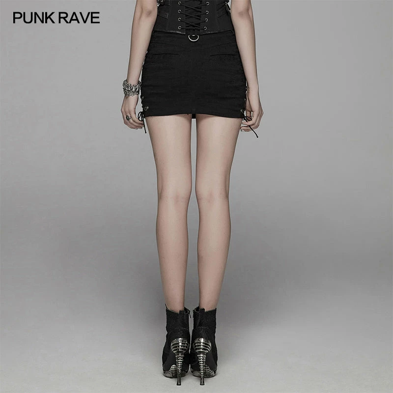 Punk Rave Store Punk Metal Mini Half Skirt With Two Sides Lace-up Design 5 Punk Rave Store Punk Metal Mini Half Skirt With Two Sides Lace-up Design