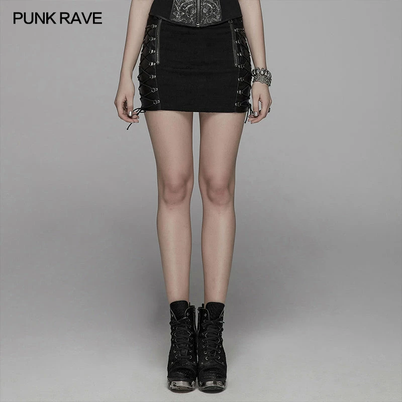 Punk Rave Store Punk Metal Mini Half Skirt With Two Sides Lace-up Design 3 Punk Rave Store Punk Metal Mini Half Skirt With Two Sides Lace-up Design