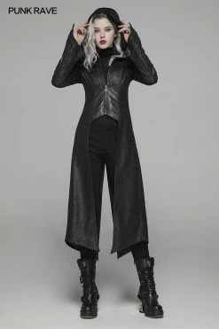 Punk Rave Store Punk Leather Jacket Punk Long Sleeve Hooded Long Jacket