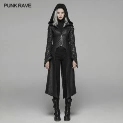 Punk Rave Store Punk Leather Jacket Punk Long Sleeve Hooded Long Jacket