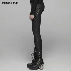 Punk Rave Store PUNK Women PU Leather Leggings Crack Velvet Tight Pants With Detachable Metal Chain
